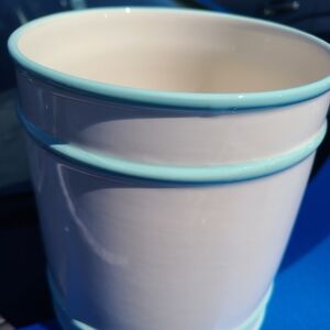 White Ceramic Cookie Jar with Blue Trim